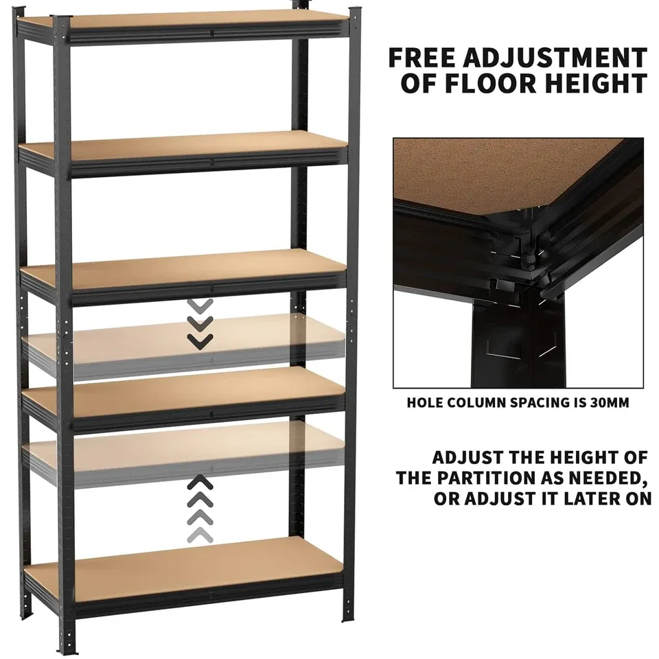 A five-tier boltless shelving unit with timber shelves