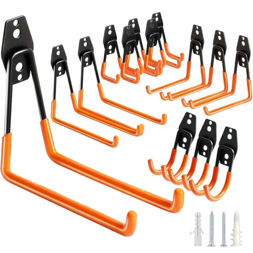 A set of orange and black heavy-duty garage storage hooks