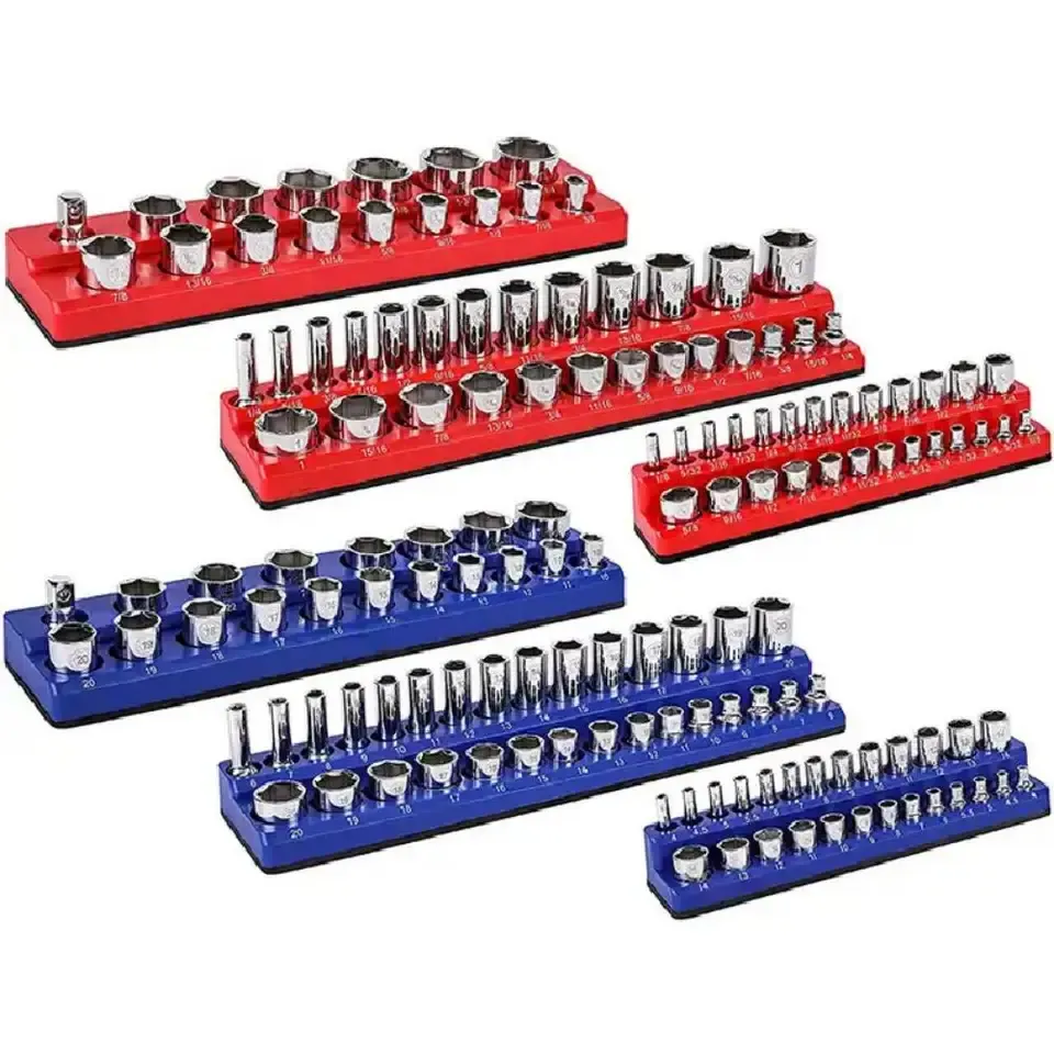 Red and blue magnetic socket trays holding metric sockets