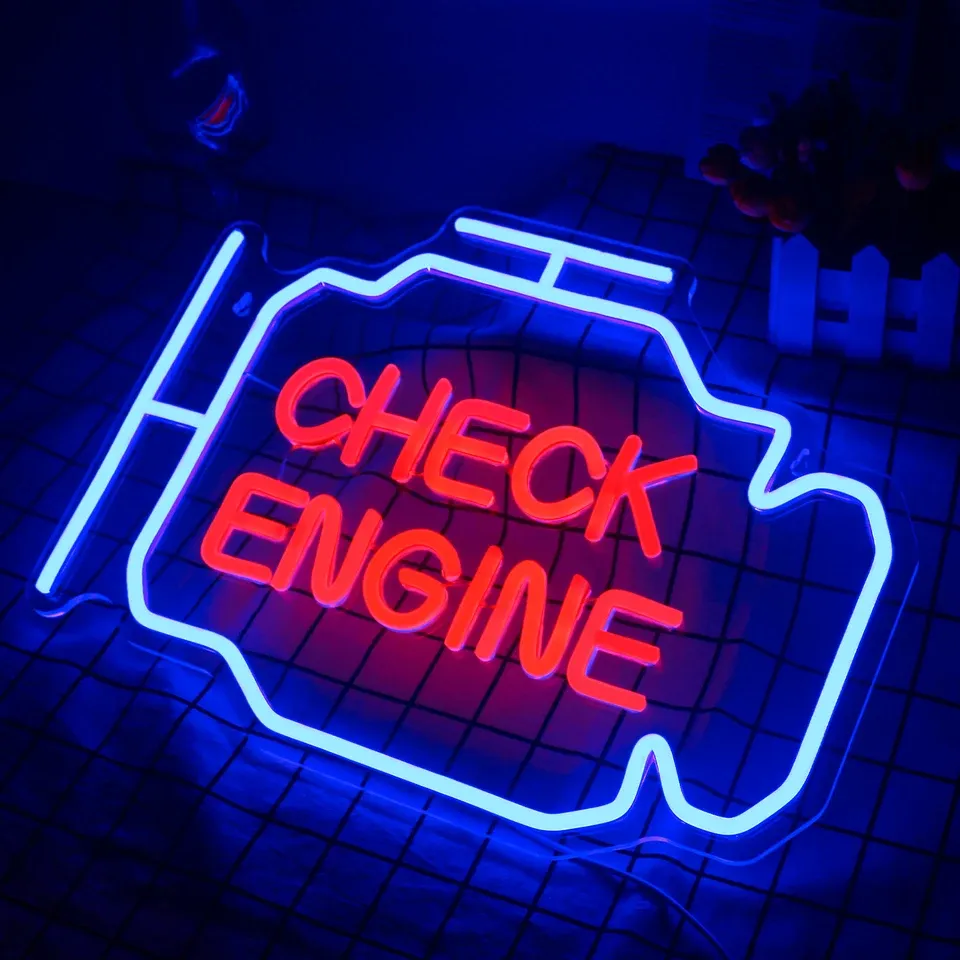 A check-engine warning symbol rendered as a blue LED neon sign