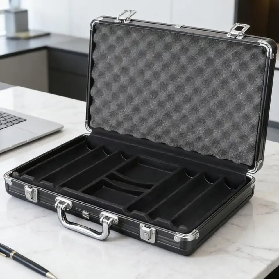 An open matte black aluminium poker case with stacks of chips