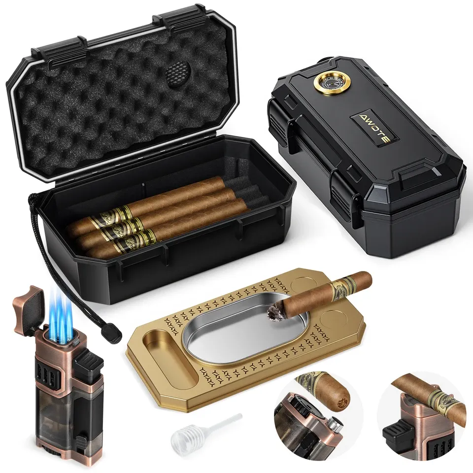An open crush-proof travel humidor holding cigars, with a torch lighter and cutter